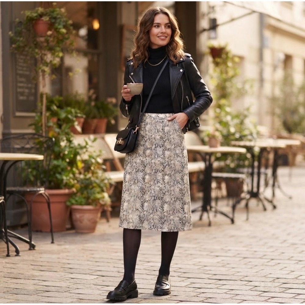Statement Bold Chic Midi Skirt Womens S Gray Snakeskin Faux Leather Pencil 51688